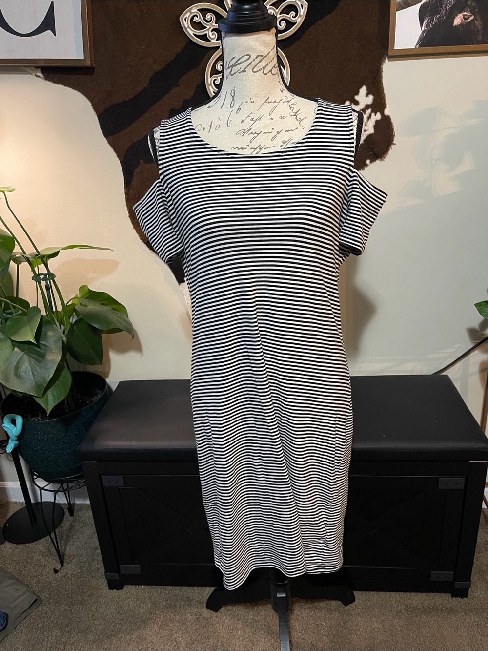Michael Kors Black and White Striped Cold-Shoulder Midi Dress